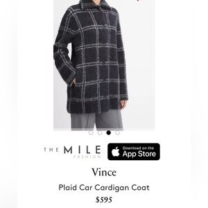 Vince Ladies Black Gray Wool Blend Pea Plaid Car Cardigan Coat-M
